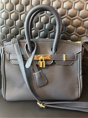 Elegant Navy Pebbled Leather Satchel with Gold Hardware